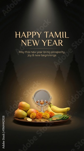 Happy Tamil New Year greeting with mangoes bananas marigold flowers mirror and oil lamps on a dark background with temple silhouettes