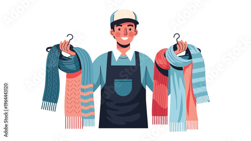 Fashion Professional's Display: A skilled professional, radiating warmth, showcases an array of vibrant scarves, offering a curated selection of stylish textile accessories.