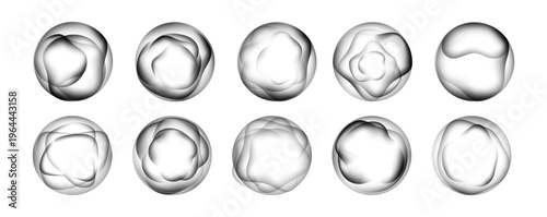 Monochrome gradient spheres with liquid flow and luminous glow. Vector isolated set of three dimensional structures. Branding asset and digital composition, poster detail and contemporary visuals