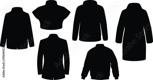 Collection of six winter apparel silhouettes, black vector icons of jackets, coats, and blazers isolated on white