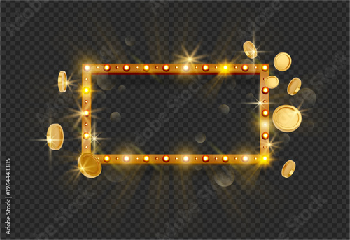 Frame with illuminated light bulbs and flying coins. Vector decorative border with sparkling shine for headline or casino promotion. Festive gambling element for lottery banner, prize announcement