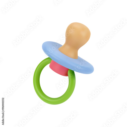 Newborn baby accessories, baby pacifier with handle. Vector, isolated icon in 3d style. Silicone nipple substitute for infants and toddlers, nursing and caring for small children, teether