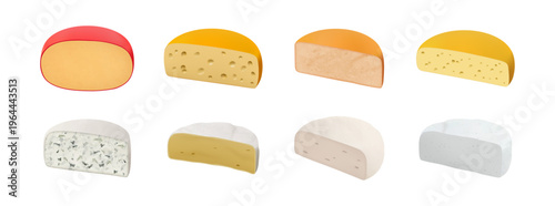 Half cheese wheels with firm texture and aged rind. Vector realistic dairy products set made from cows or goat milk with herbs or spices. Culinary presentations or grocery ads for food packaging
