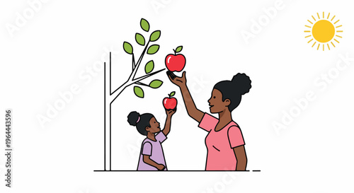 Happy African American mother and daughter picking fresh red apples from a tree, enjoying a sunny day outdoors and healthy fruit harvesting.