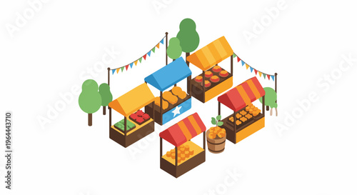 Vibrant isometric illustration of an outdoor market with colorful stalls selling fresh fruits and produce, decorated with festive bunting and trees.