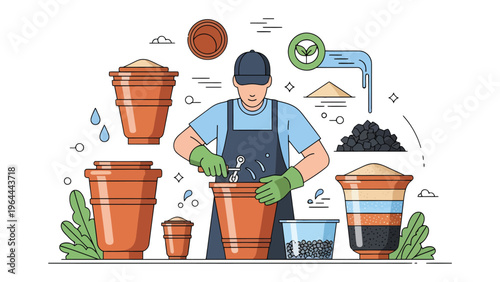 Crafting the Compost: An illustrated guide to the art of composting, highlighting the process. A gardener intently mixing organic ingredients with a compost, illustrating composting techniques.