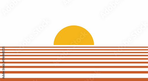 Abstract minimalist graphic illustration of a warm orange sun rising or setting over a striped horizon, evoking a desert landscape or calm ocean.