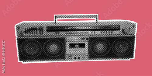 Creative collage. A robotic hand holds a search bar. Information search using artificial intelligence. Vector banner with halftone effect and shadow.