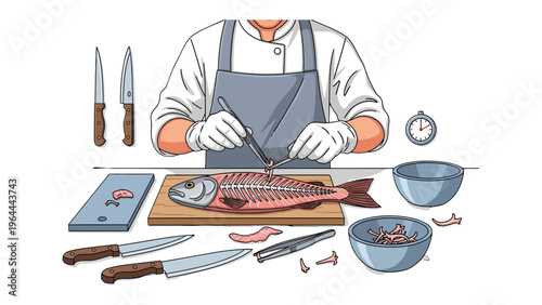 Culinary Precision: A culinary artist meticulously de-bones a fresh fish, poised over a wooden cutting board with a selection of knives and culinary tools.