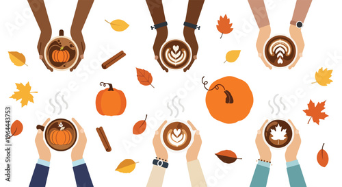 Diverse hands holding cups of coffee with autumn latte art and fall leaves, celebrating Thanksgiving and cozy season