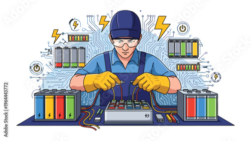 Technician Crafting Energy: A skilled technician, meticulously connecting wires amidst a complex circuit board, embodies the ingenuity of modern technology and innovation.
