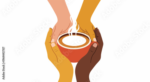 Diverse hands holding a warm cup of coffee or tea, symbolizing unity, friendship, and shared moments