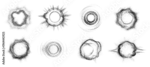 Monochrome particle waves with circular flows and dotted motion fields. Vector curved point structures with rhythmic expansion from center. Digital composition of data movement and spatial harmony
