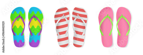 Realistic set of summer shoes for beach or pool, flip flops with print. Vector clothing or accessories for vacation or holiday on summertime. Slippers or pluggers, simple light plakkies for feet