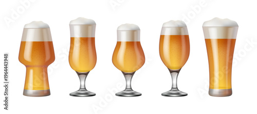 Cold beer in mugs and glass with froth. Vector in realistic style, isolated refreshing beverages from pubs or bars, brewery or craft cider, IPA for party. Brewed alcoholic drinks for tasting