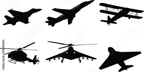 Collection of various aircraft silhouettes featuring fighter jets, biplanes, helicopters, and a modern delivery drone
