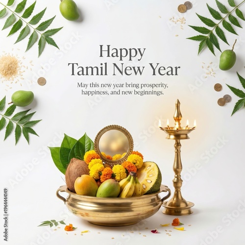 Elaborate Tamil New Year offering with a brass pot filled with fruits, flowers, a mirror, and a traditional lamp