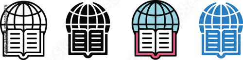 Global education and online learning icons, featuring open book with world globe, international knowledge, and digital library, minimal vector for e-learning and education.