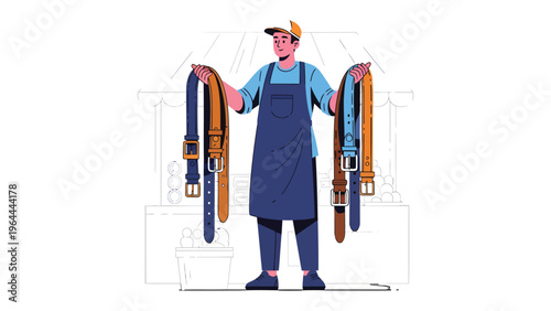 Belt Seller Illustration: A seller stands proudly in a vibrant outdoor market, holding up a selection of fashionable leather belts. The scene exudes a sense of craftmanship, fashion, and commerce.