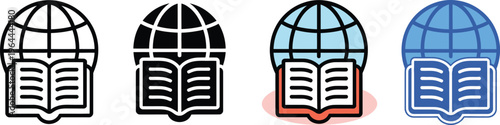 Global education and online learning icons, featuring open book with world globe, international knowledge, and digital library, minimal vector for e-learning and education.