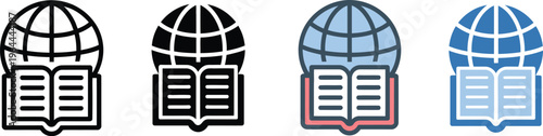Global education and online learning icons, featuring open book with world globe, international knowledge, and digital library, minimal vector for e-learning and education.