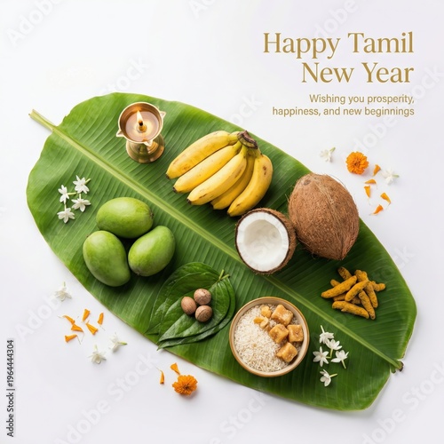 Traditional Tamil New Year offerings of fruits, coconuts, rice, and spices arranged on a banana leaf for a prosperous new year celebration