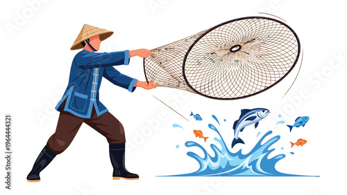 Fisherman Casting Net: Capturing the essence of tradition, a solitary fisherman, skillfully casts his net into the shimmering water, showcasing the harmony between man and sea.