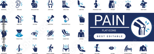 body pain solid icon set. backache, headache, muscle, joint, symptom, injury, healthcare. editable vector illustration collection set.