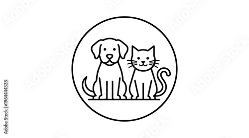 Cute Dog and Cat Companionship in Circle Frame, Friendly Domestic Pets, isolated white background.