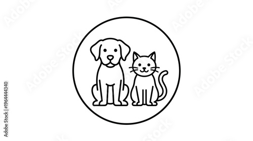 Outline Dog and Cat Icon Symbol in Circle for Pet Services and Animal Companionship on Isolated White Background