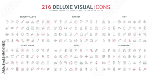 Habits and food for health, kitchen tools, electrical appliances line icon set. Wine and winemaking, shop and restaurant menu in mobile app thin black and red outline symbols vector illustration