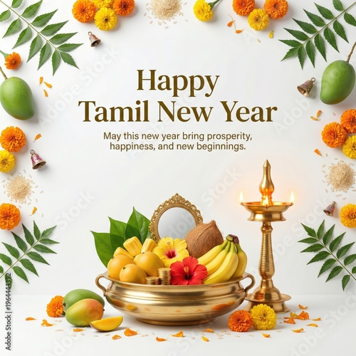 Happy Tamil New Year greeting with fresh fruits, coconuts, a golden oil lamp, and floral decorations symbolizing prosperity and new beginnings