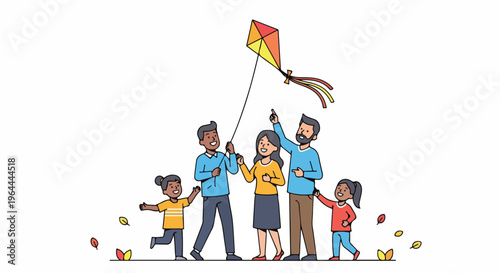 Happy diverse family flying a colorful kite on a sunny day, enjoying outdoor leisure activity and bonding time