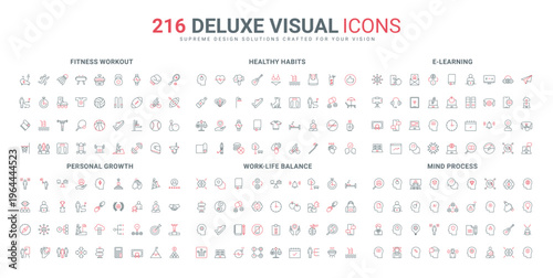 Personal development and mind balance, sports equipment, leisure and fitness training line icon set. Skills growth, healthy habits of life thin black and red outline symbols vector illustration