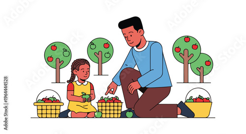 Father and daughter picking apples together in an orchard, baskets full of fruit, illustration