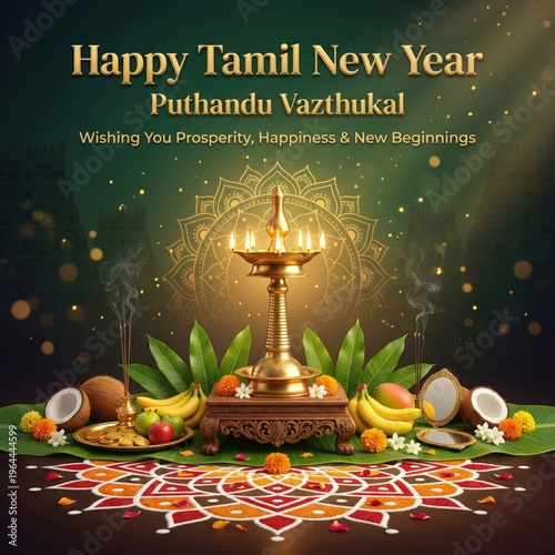 Vibrant Tamil New Year celebration with auspicious offerings including a traditional oil lamp, fruits, coconuts, and a colorful Kolam