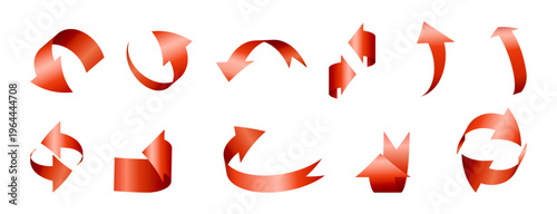 Glossy 3D arrows set. Vector isolated collection of curved, bent and twisted pointing shapes for navigation and direction, recycling and flow. Circular movement indicators and recycling flows