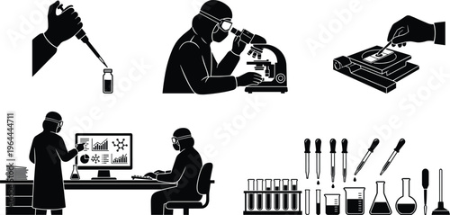 Scientific laboratory research silhouette set featuring scientists using microscope and pipettes plus medical professionals analyzing data on computer with test tubes and glassware icons