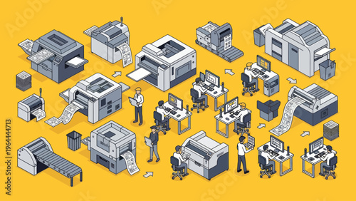 Modern Printing Press and Office Equipment Illustration.