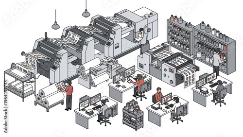 Modern Printing Press and Production Facility with Workers.