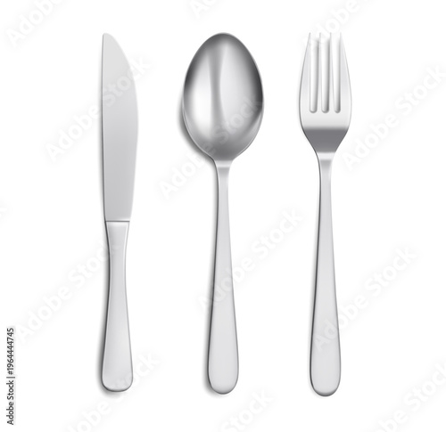 Serving implements, isolated spoon, knife and fork. Vector realistic kitchenware utensils for eating dishes and meal. Shop or store with products for home. Specialized kitchen appliances and stuff