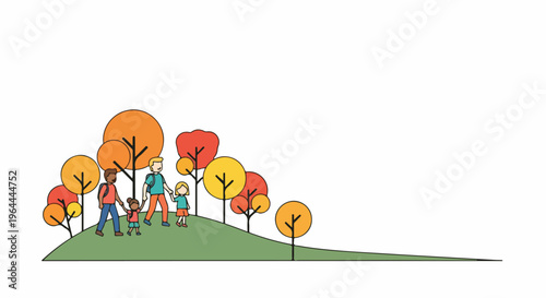 Diverse family walking on a grassy hill surrounded by colorful autumn trees, simple illustration style.