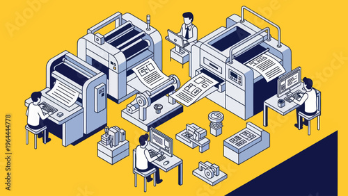 Modern Printing Press Technology with Workers Operating Machines.