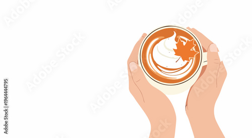 Cozy autumn latte art with a maple leaf design held in warm hands, top view, isolated on white