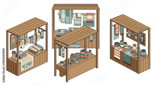 Isometric wooden market stalls displaying textiles, pottery, and crafts, showcasing traditional artisan goods