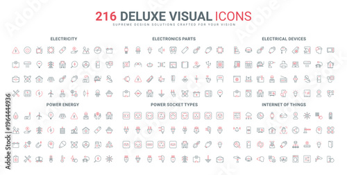 Electricity and power energy, IoT services line icon set. Electronic components, parts and devices of electricians toolbox, plugs sockets types thin black and red outline symbols vector illustration