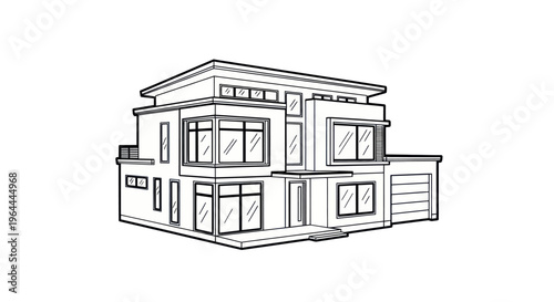 Modern Two-Story House with Garage Line Art Illustration.