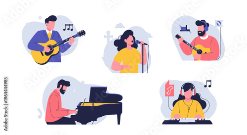 Diverse musicians playing instruments and singing, showcasing various musical talents.