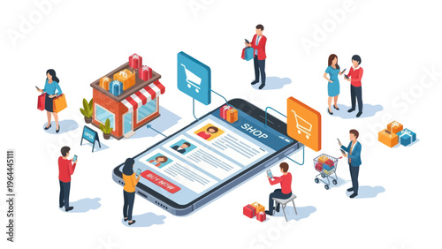Online Shopping and E-commerce Concept with Mobile Devices and People.