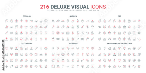 Environmental protection, carbon dioxide and resource consumption line icons set. Corporate company management with ESG, weather and meteorology thin black and red outline symbols vector illustration